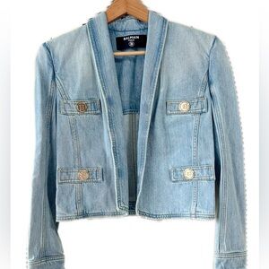 Authentic Balmain Sky Blue Denim Jacket with Gold Accents
